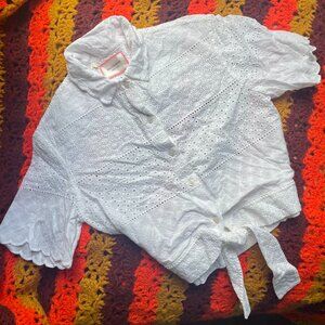 NWT white eyelet lace short sleeve collared button up blouse